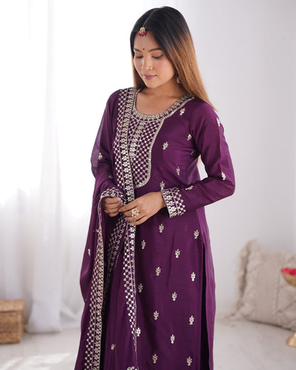 Elegant Pure Chinon Silk Purple Kurta Set with Embroidery and Jari Work