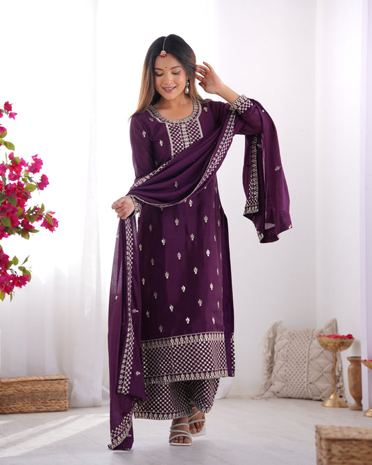 Elegant Pure Chinon Silk Purple Kurta Set with Embroidery and Jari Work