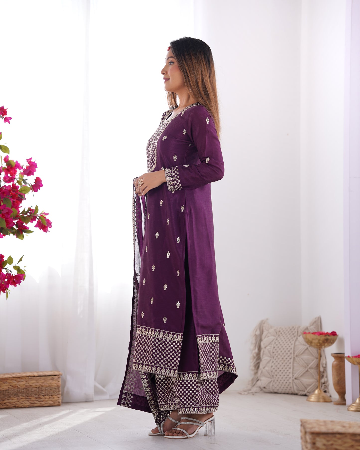 Elegant Pure Chinon Silk Purple Kurta Set with Embroidery and Jari Work