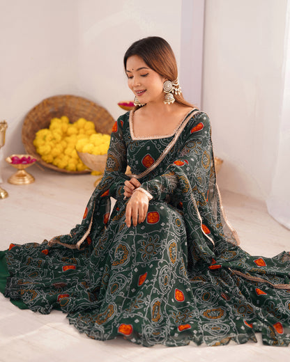 Premium Bandhej Chiffon Anarkali Gown with Fancy Lace Work Dupatta