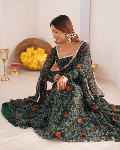 Premium Bandhej Chiffon Anarkali Gown with Fancy Lace Work Dupatta