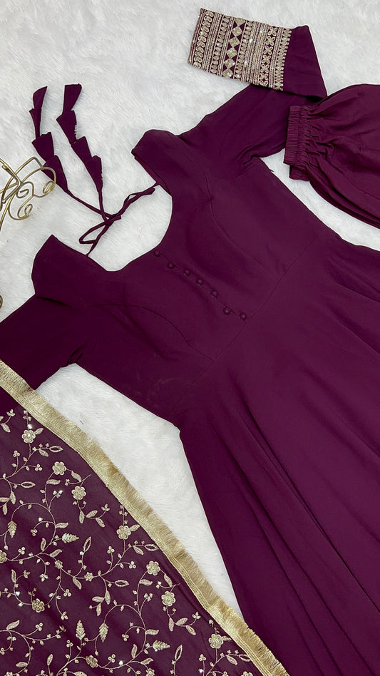 Luxurious Fox Georgette WIne Purple Gown Set with Heavy Sequins and Jari Work