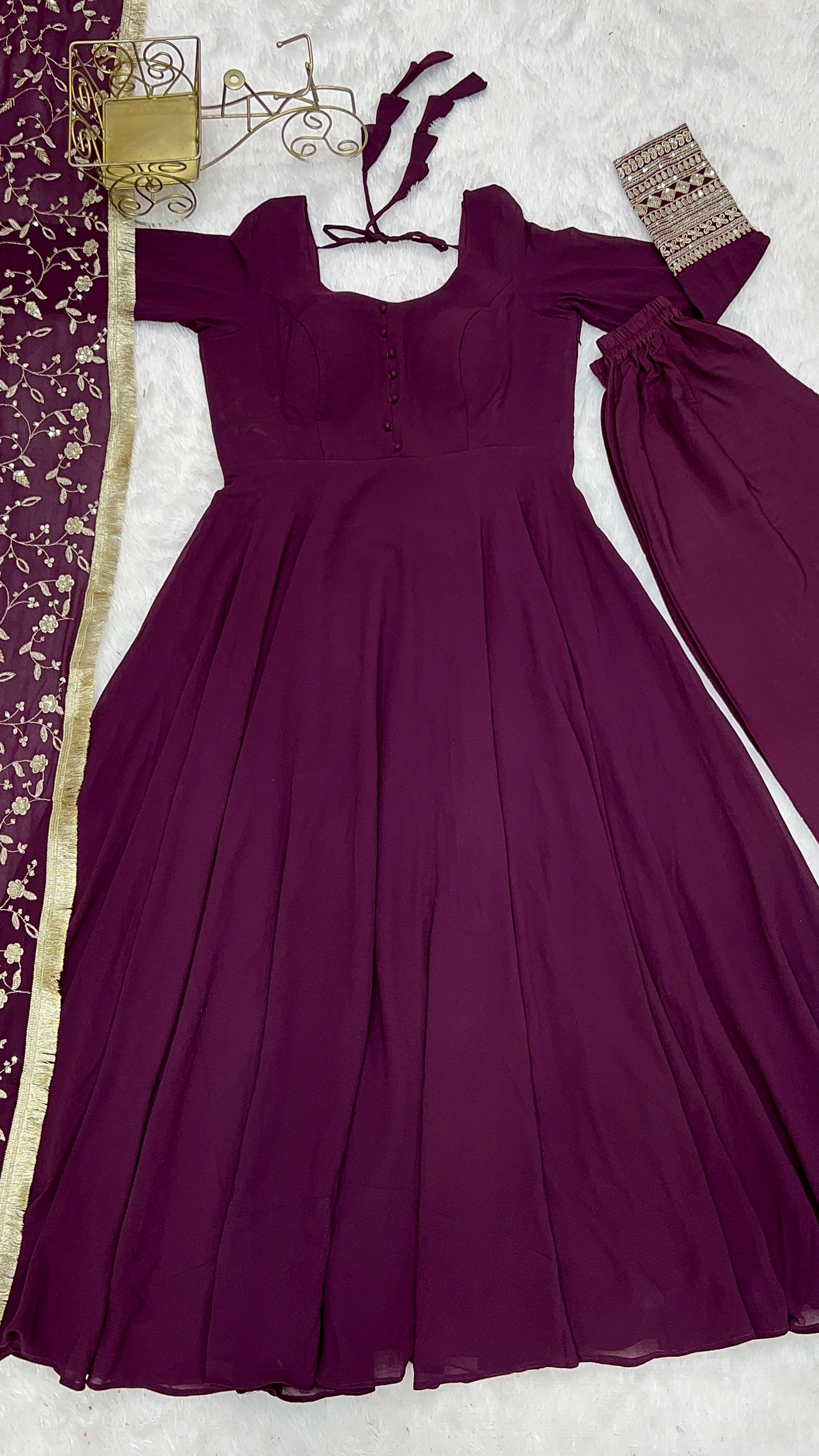 Luxurious Fox Georgette WIne Purple Gown Set with Heavy Sequins and Jari Work