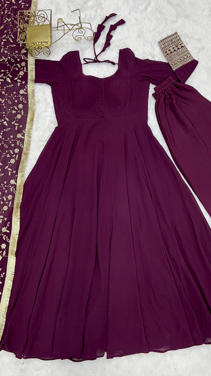 Luxurious Fox Georgette WIne Purple Gown Set with Heavy Sequins and Jari Work