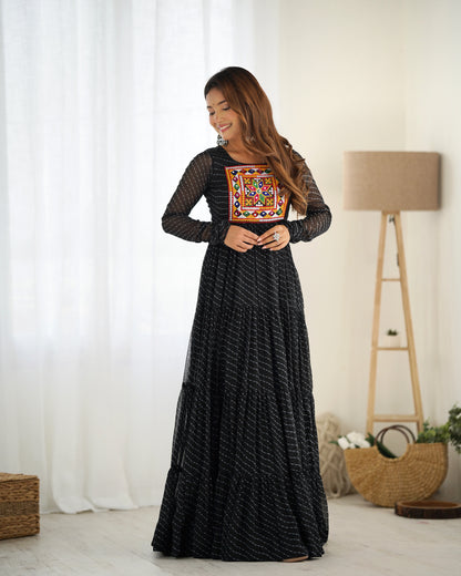 Georgette Embroidered Work Black Readymade Floor Length Gown By Stylish Ethnic