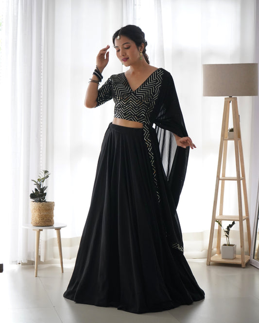 Black Flared Faux Georgette Readymade Lehenga Choli By Stylish Ethinic