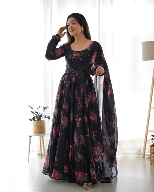 Soft Organza Silk Anarkali Kali Cut Gown, Waist Belt, With Duppta And Pant By Stylish Ethnic