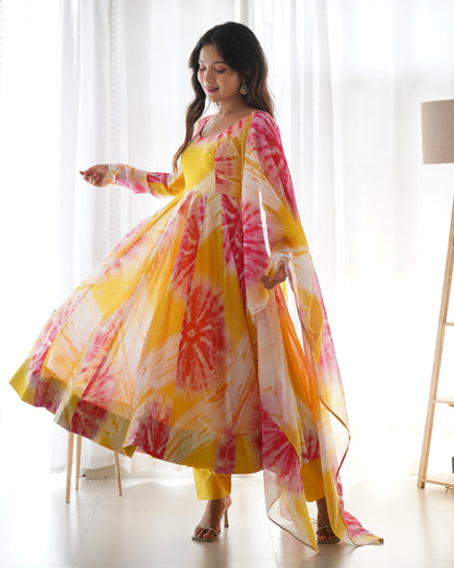 Yellow Organza Digital Printed Anarkali With Pant And Dupatta By Stylish Ethnic