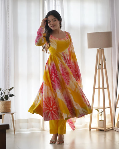 Yellow Organza Digital Printed Anarkali With Pant And Dupatta By Stylish Ethnic