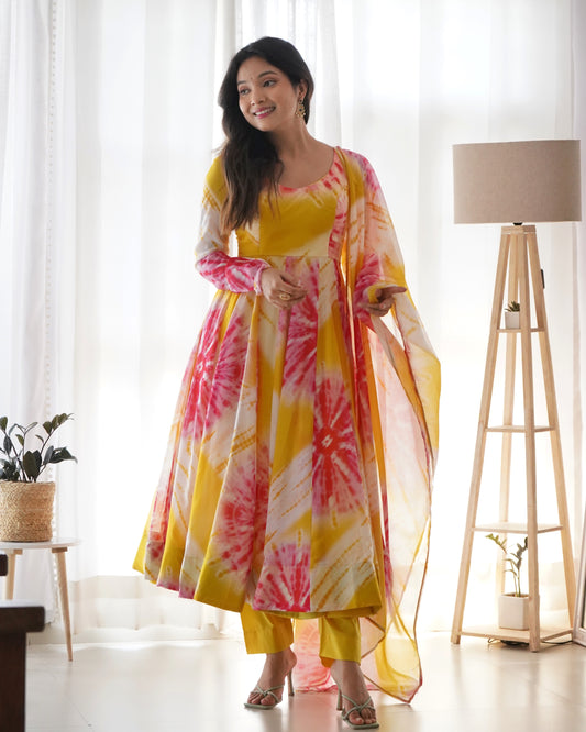 Yellow Organza Digital Printed Anarkali With Pant And Dupatta By Stylish Ethnic