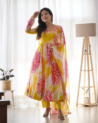 Yellow Organza Digital Printed Anarkali With Pant And Dupatta By Stylish Ethnic