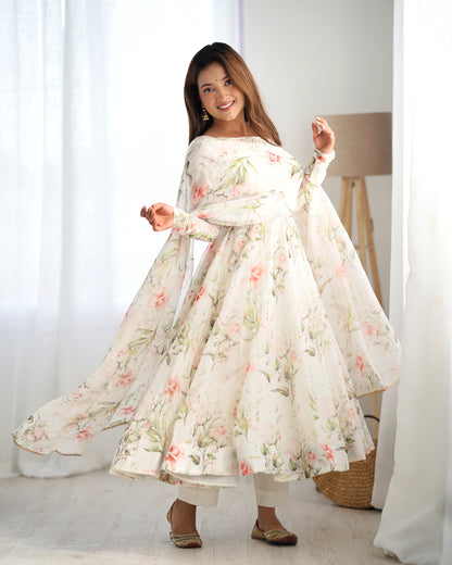 Premium Organza Silk White Anarkali Gown Set with Dupatta