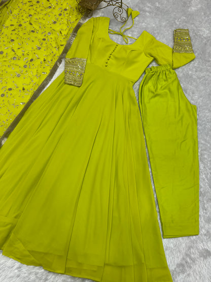 Luxurious Fox Georgette Perrot Green Gown Set with Heavy Sequins and Jari Work