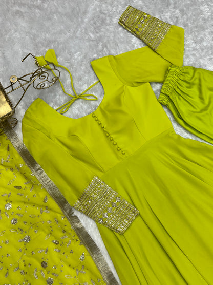 Luxurious Fox Georgette Perrot Green Gown Set with Heavy Sequins and Jari Work