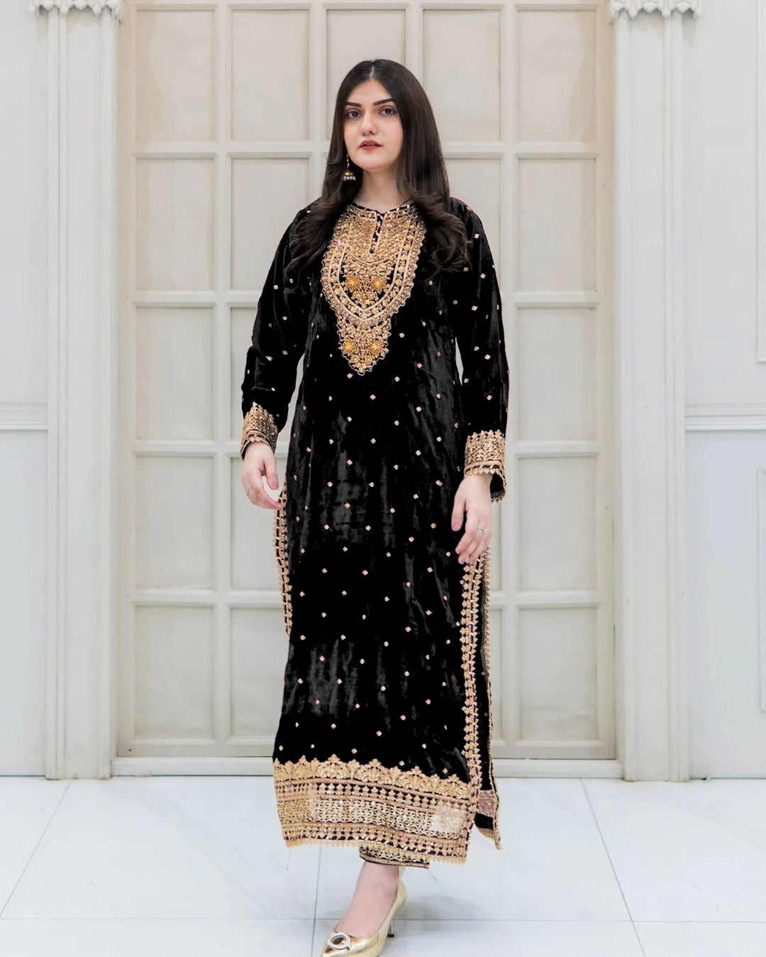 Black Color Velvet Georgette Embroidery Sequence Salwar Suit