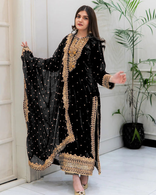 Black Color Velvet Georgette Embroidery Sequence Salwar Suit