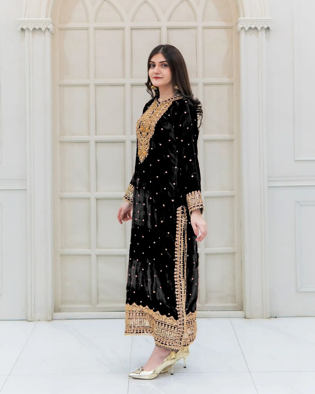 Black Color Velvet Georgette Embroidery Sequence Salwar Suit