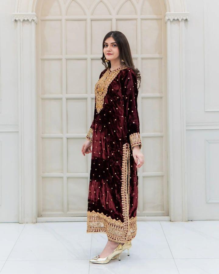 Maroon Color Velvet Georgette Embroidery Sequence Salwar Suit