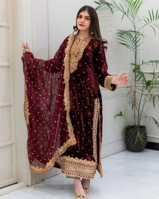 Maroon Color Velvet Georgette Embroidery Sequence Salwar Suit