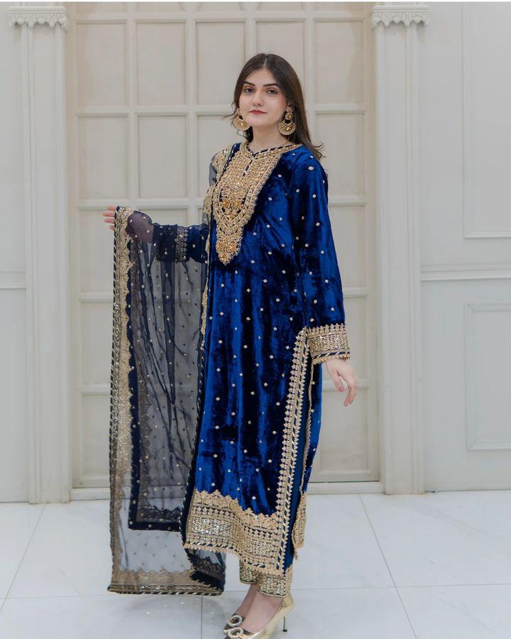 Majestic Blue Color Velvet Georgette Embroidery Sequence Salwar Suit