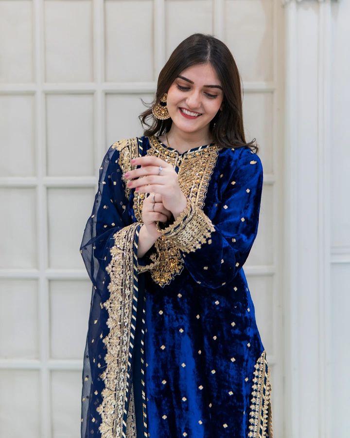 Majestic Blue Color Velvet Georgette Embroidery Sequence Salwar Suit