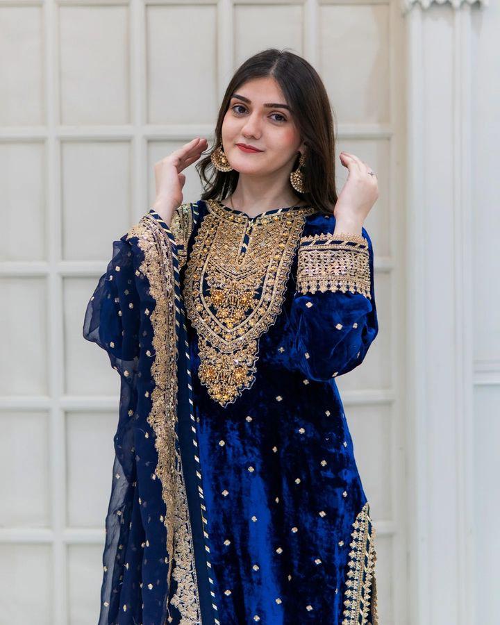 Majestic Blue Color Velvet Georgette Embroidery Sequence Salwar Suit