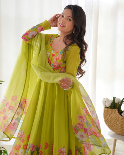 Green Color Organza Silk Three Piece Anarkali Suit By Stylish Ethnic