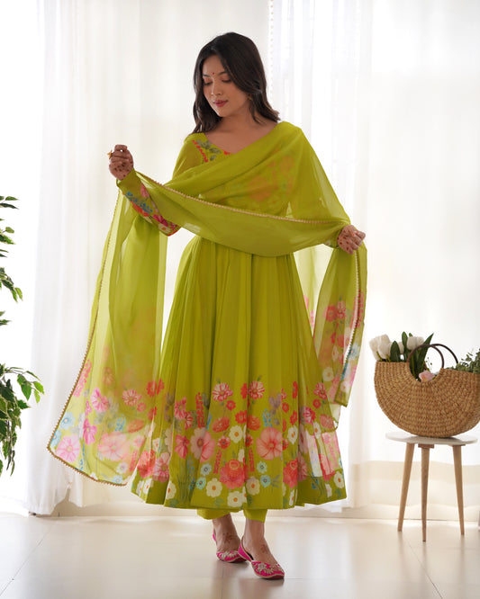 Green Color Organza Silk Three Piece Anarkali Suit By Stylish Ethnic