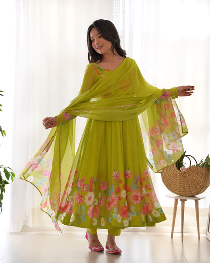 Green Color Organza Silk Three Piece Anarkali Suit By Stylish Ethnic