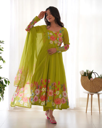 Green Color Organza Silk Three Piece Anarkali Suit By Stylish Ethnic