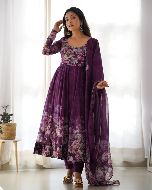 Elegant Purple Anarkali Silk Gown with Canvas Patta and Dupatta Set By Stylish Ethnic