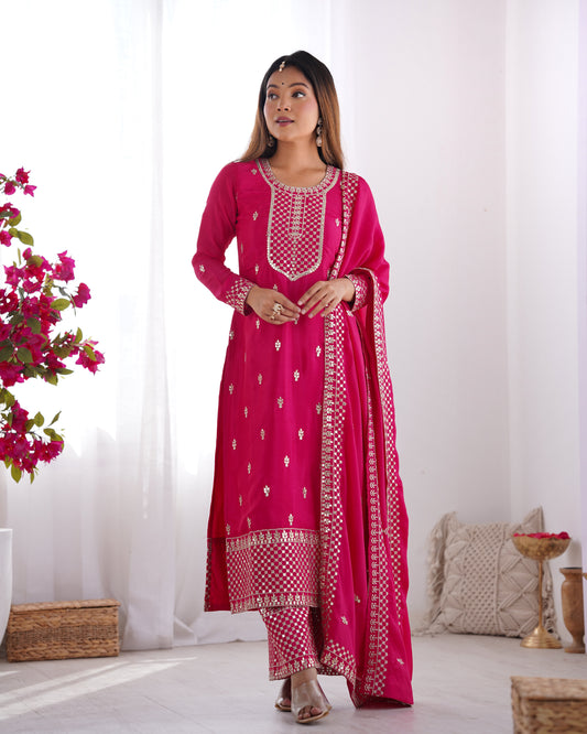 Elegant Pure Chinon Silk Rani Pink Kurta Set with Embroidery and Jari Work