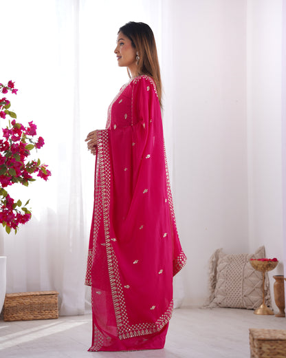 Elegant Pure Chinon Silk Rani Pink Kurta Set with Embroidery and Jari Work