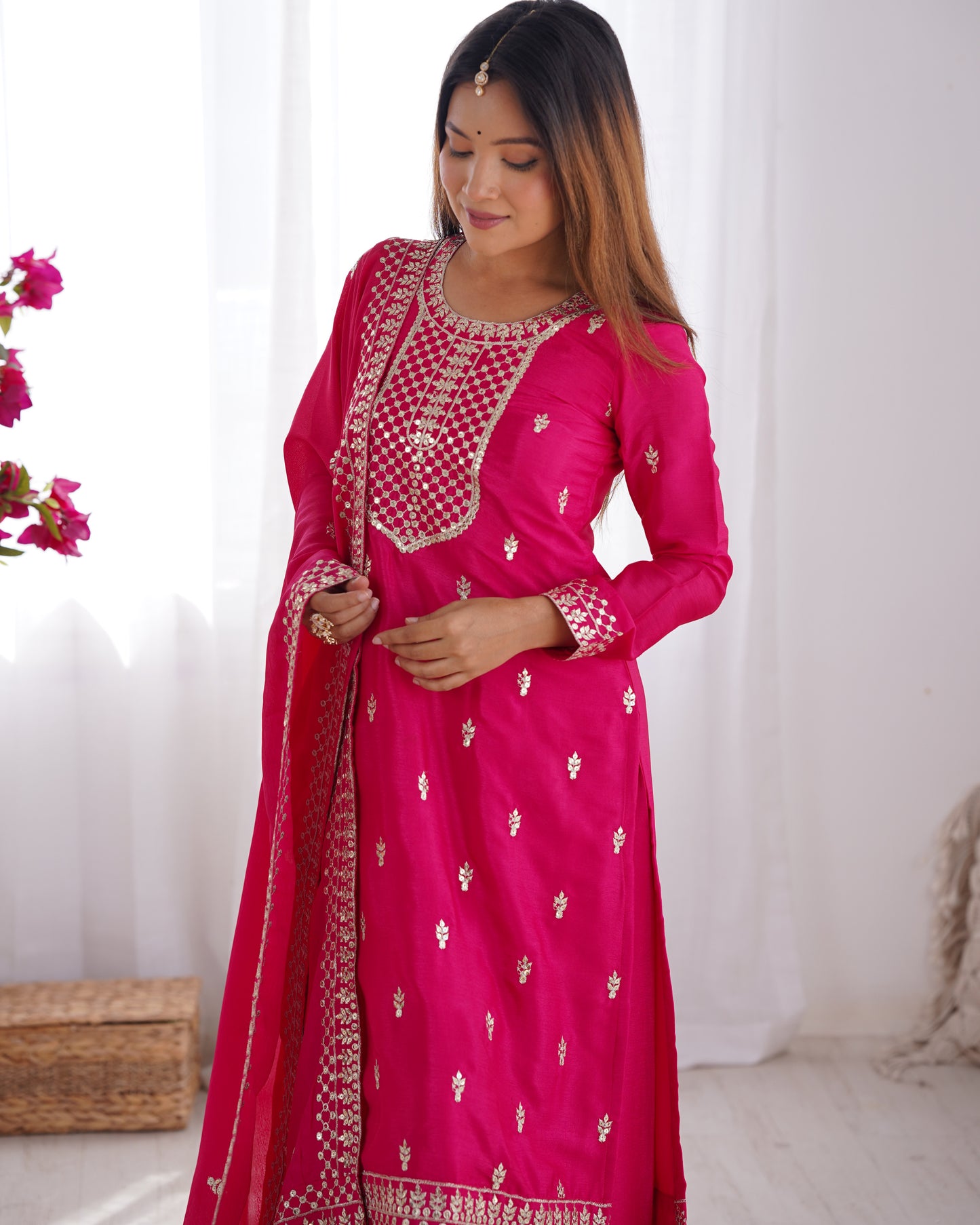 Elegant Pure Chinon Silk Rani Pink Kurta Set with Embroidery and Jari Work