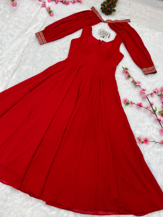 Red Faux Georgette Fancy Sleeves Gown By Stylish Ethnic