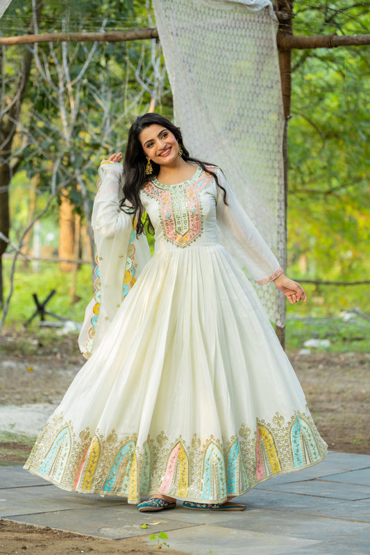 White Gown in Chinon With Beautiful Embroidery Sequence Work and Dupatta