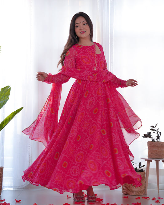 Pink Faux Chiffon Bandhej Print Anarkali Suit By Stylish Ethnic