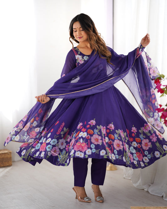 Luxury Organza Silk Pueple Anarkali Gown with Handwork and Gota Patti Dupatta