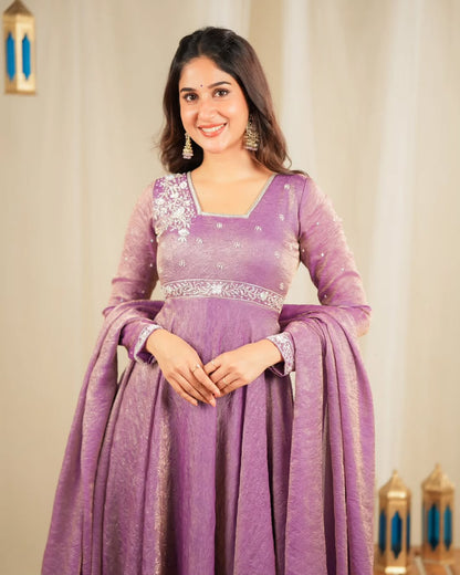 Luxury Heavy Goldcrush Silk Gown with Embroidery Sequins & Rivet Moti Work – Fully Stitched
