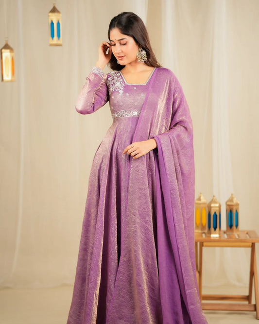 Luxury Heavy Goldcrush Silk Gown with Embroidery Sequins & Rivet Moti Work – Fully Stitched