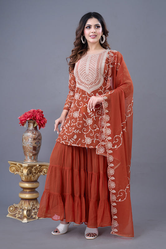 Elegant Heavy Red Georgette Embroidered Sharara Set with Dupatta – Fully Stitched