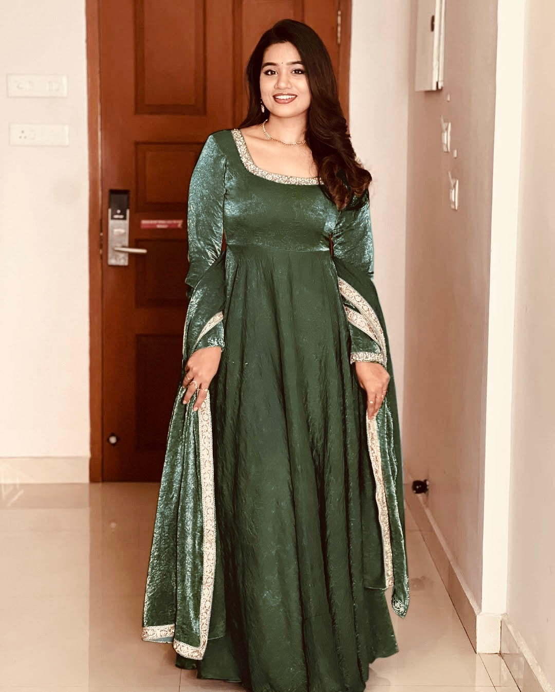 Elegant Heavy Fandy Silk Green Gown with Embroidery Sequins Work – Fully Stitched & Ready to Wear
