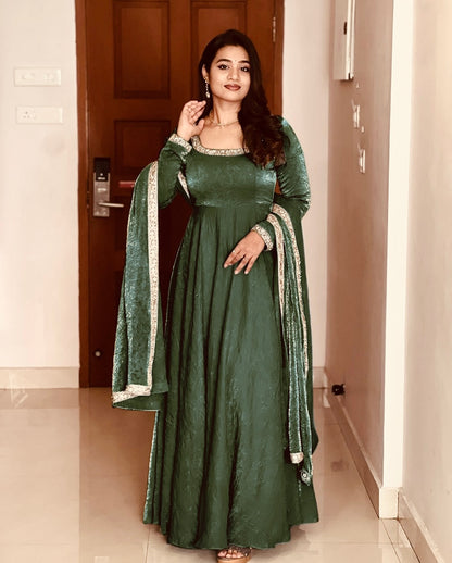 Elegant Heavy Fandy Silk Green Gown with Embroidery Sequins Work – Fully Stitched & Ready to Wear