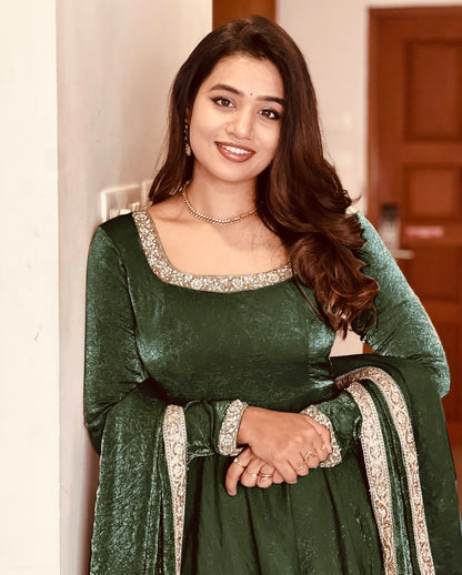 Elegant Heavy Fandy Silk Green Gown with Embroidery Sequins Work – Fully Stitched & Ready to Wear