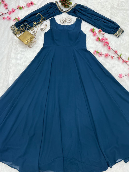 Blue Faux Georgette Fancy Sleeves Gown By Stylish Ethnic
