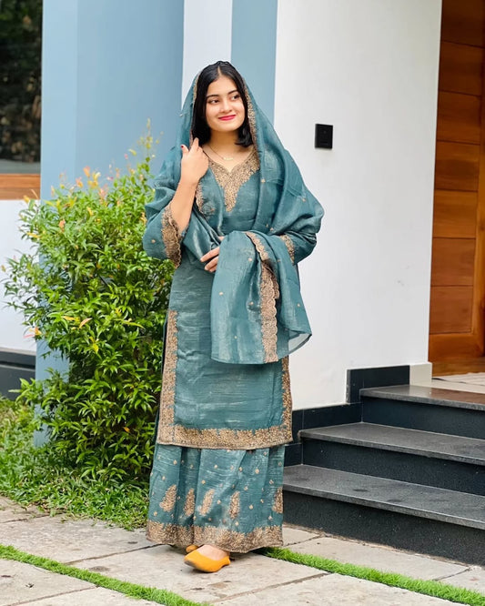 Elegant Rama Heavy Crunchy Silk Sharara Suit with Embroidery Sequence Work | Fully Stitched Designer Ethnic Wear for Women