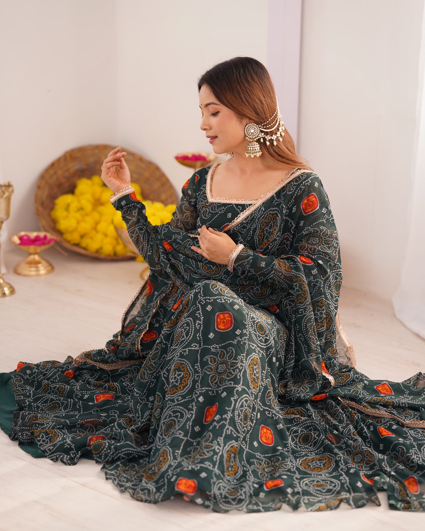 Premium Bandhej Chiffon Anarkali Gown with Fancy Lace Work Dupatta