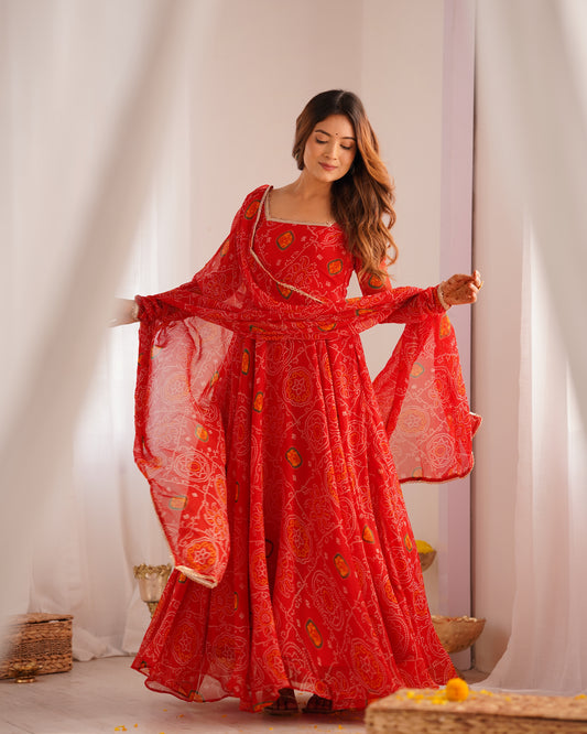 Red Bandhej Anarkali Gown Collection