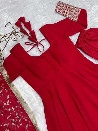 Luxurious Fox Georgette Red Gown Set with Heavy Sequins and Jari Work