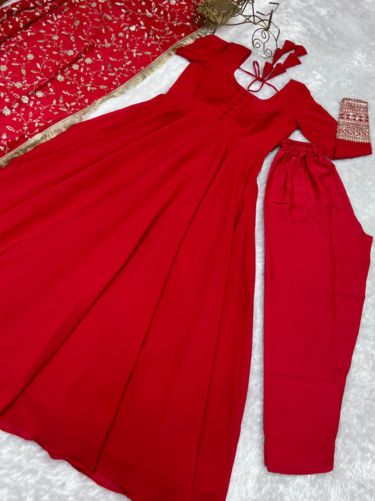 Luxurious Fox Georgette Red Gown Set with Heavy Sequins and Jari Work